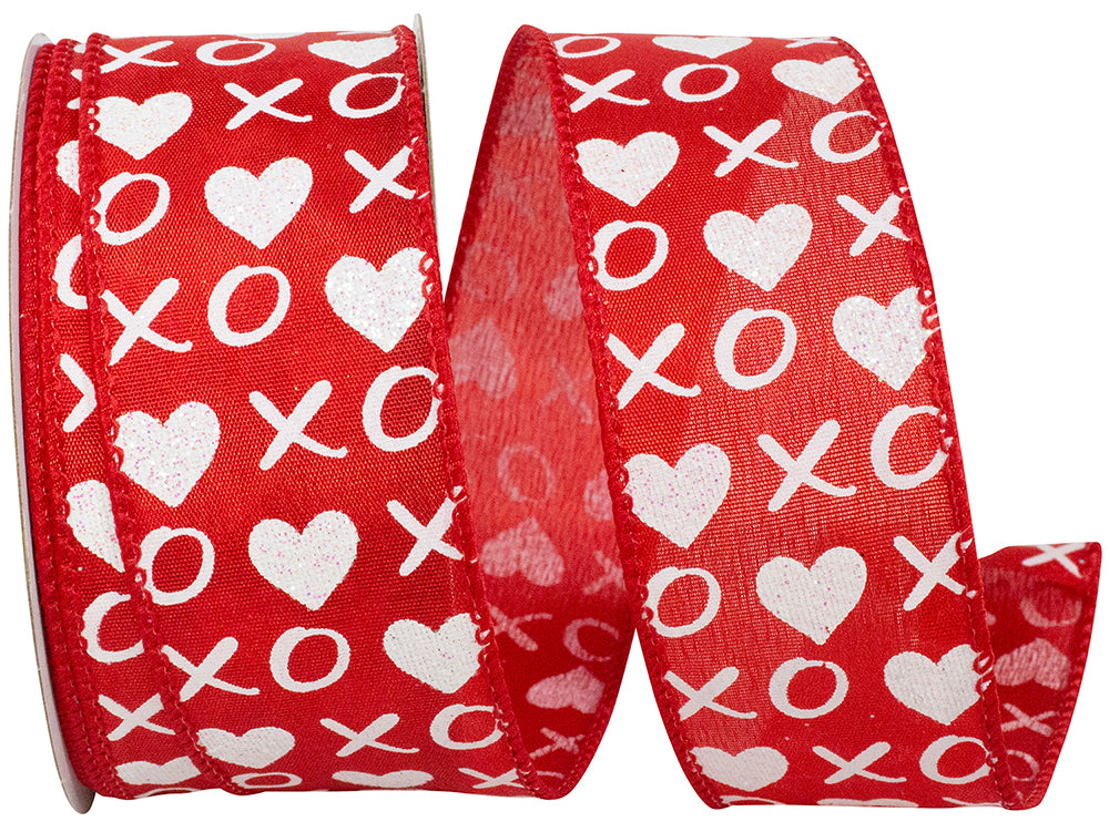 Xoxo Glitter Hearts Wired Edge Ribbon Red 1-1/2 Inch