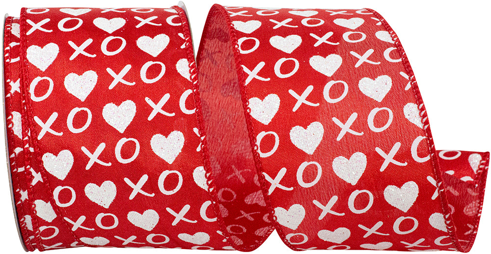 Xoxo Glitter Hearts Red Wired Edge Ribbon 2-1/2 Inch