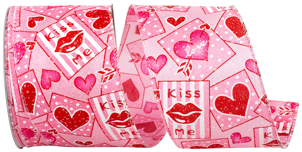 Pink 2-1 2 Inch Valentines Hearts & Cards Wired Edge Ribbon for Wreaths & Bows