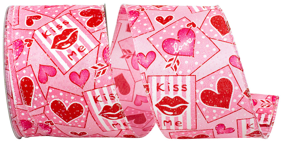 Pink 2-1 2 Inch Valentines Hearts & Cards Wired Edge Ribbon for Wreaths & Bows