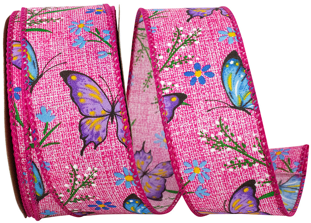 Pink 1-1 2 Inch Butterflies And Flowers Natural Wired Edge Ribbon for Wreaths & Bows
