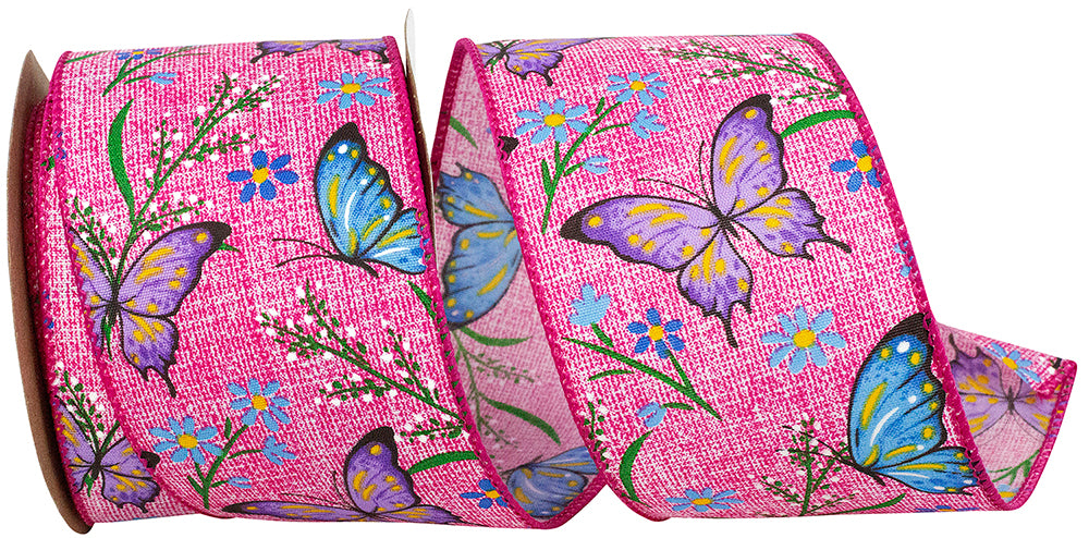 Pink 2-1 2 Inch Butterflies And Flowers Natural Wired Edge Ribbon for Wreaths & Bows