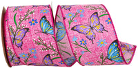 Pink 2-1 2 Inch Butterflies And Flowers Natural Wired Edge Ribbon for Wreaths & Bows
