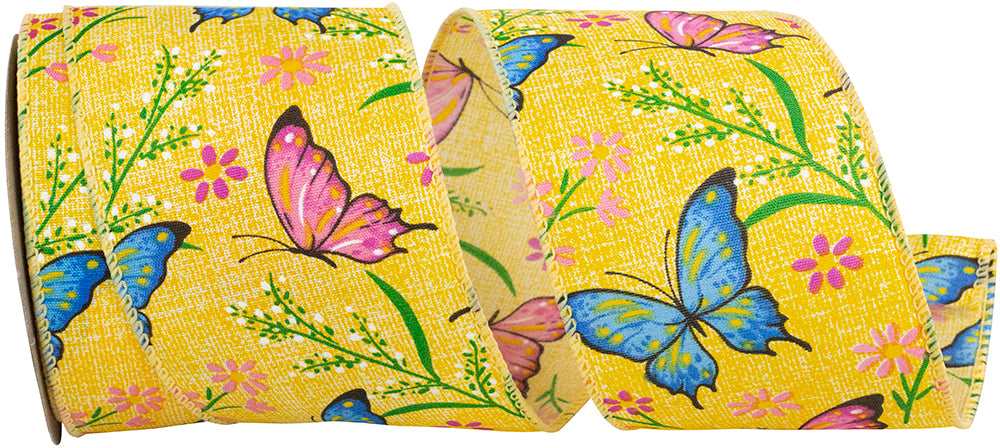 Yellow 2-1 2 Inch Butterflies And Flowers Natural Wired Edge Ribbon for Wreaths & Bows