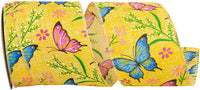 Yellow 2-1 2 Inch Butterflies And Flowers Natural Wired Edge Ribbon for Wreaths & Bows