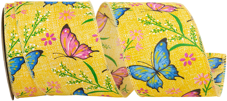 Yellow 2-1 2 Inch Butterflies And Flowers Natural Wired Edge Ribbon for Wreaths & Bows