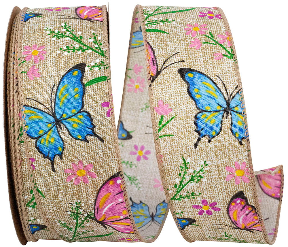 Natural 1-1 2 Inch Butterflies And Flowers Natural Wired Edge Ribbon for Wreaths & Bows