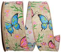 Natural 1-1 2 Inch Butterflies And Flowers Natural Wired Edge Ribbon for Wreaths & Bows