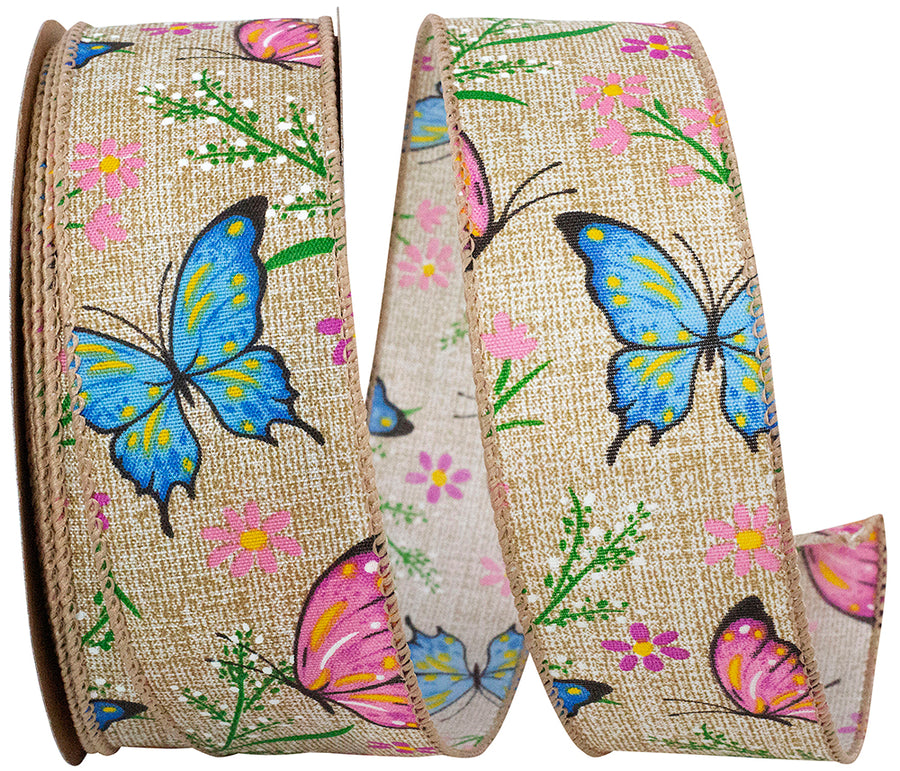 Natural 1-1 2 Inch Butterflies And Flowers Natural Wired Edge Ribbon for Wreaths & Bows
