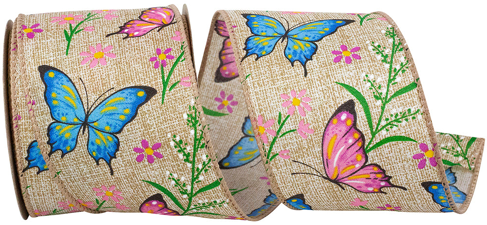 Natural 2-1 2 Inch Butterflies And Flowers Natural Wired Edge Ribbon for Wreaths & Bows