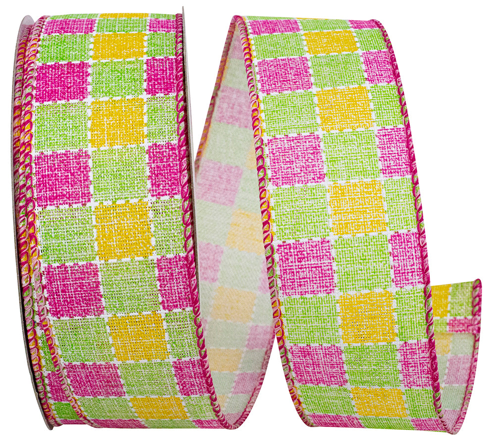Multi 1-1 2 Inch Pastels Printed Stitched Check Wired Edge Ribbon for Wreaths & Bows