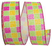 Multi 1-1 2 Inch Pastels Printed Stitched Check Wired Edge Ribbon for Wreaths & Bows