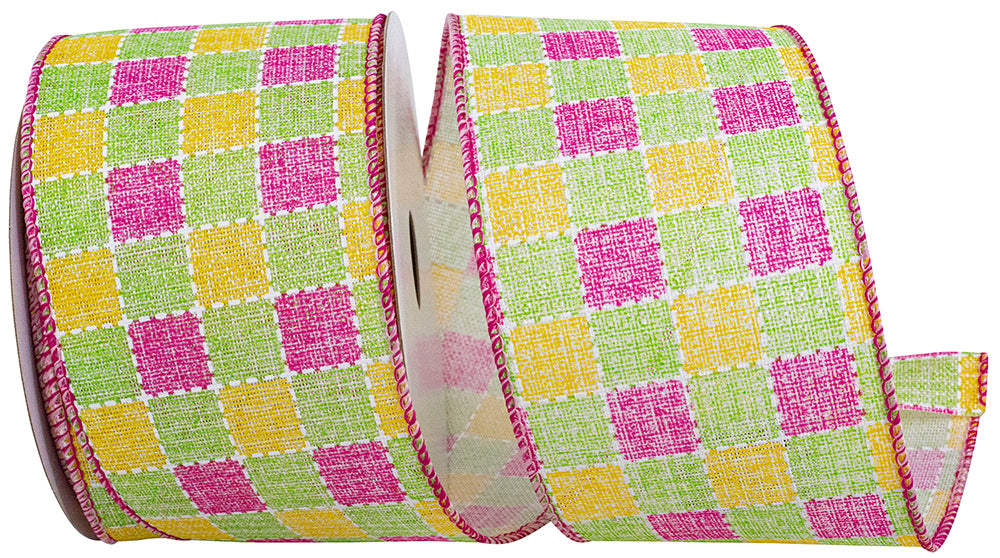 Multi 2-1 2 Inch Pastels Printed Stitched Check Wired Edge Ribbon for Wreaths & Bows