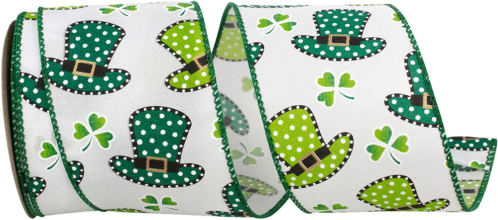 White Green 2-1 2 Inch Hats And Clovers St Patricks Wired Edge Ribbon for Wreaths & Bows