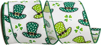 White Green 2-1 2 Inch Hats And Clovers St Patricks Wired Edge Ribbon for Wreaths & Bows
