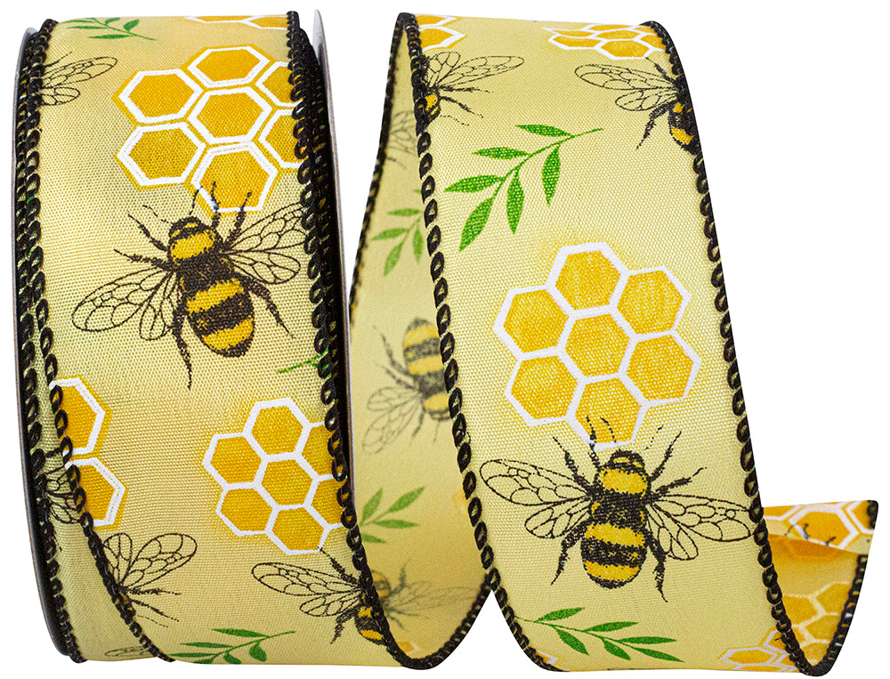 Yellow 1-1 2 Inch Honeycomb Bees Wired Edge Ribbon for Wreaths & Bows