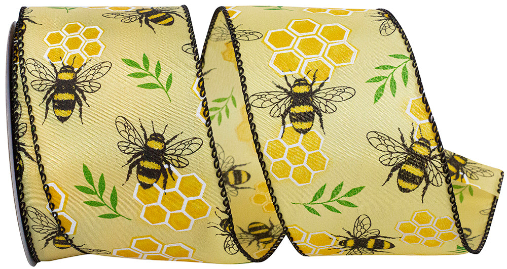 Yellow 2-1 2 Inch Honeycomb Bees Wired Edge Ribbon for Wreaths & Bows