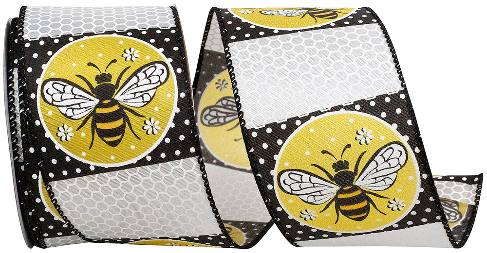 White 2-1 2 Inch Bees Flowers & Dots Wired Edge Ribbon for Wreaths & Bows