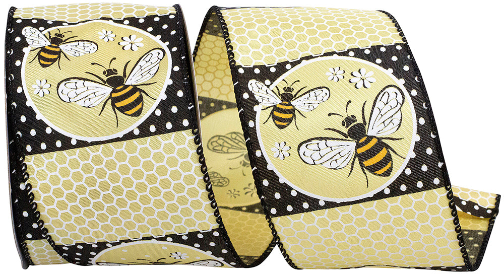 Yellow 2-1 2 Inch Bees Flowers & Dots Wired Edge Ribbon for Wreaths & Bows