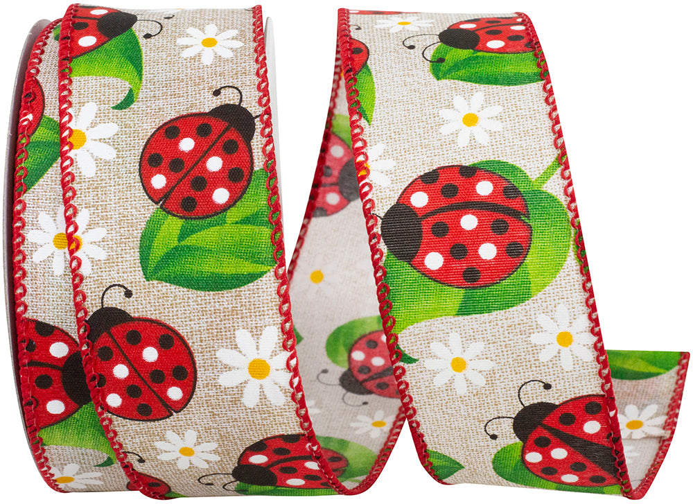 Wired Edge Ribbon Natural Red 1-1/2 Inch Lady Bugs Daisies