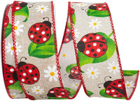 Wired Edge Ribbon Natural Red 1-1/2 Inch Lady Bugs Daisies