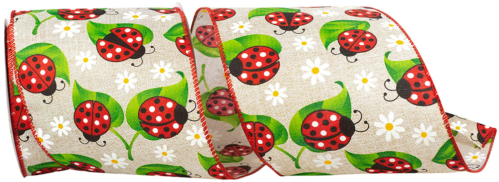 Lady Bugs And Daisies Wired Edge Ribbon Natural Red 4 Inch