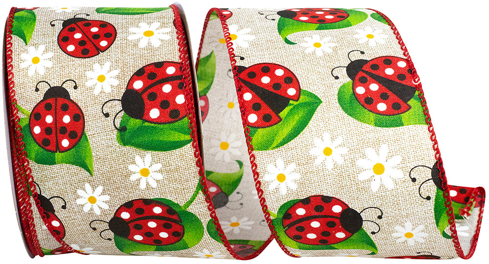 Lady Bugs And Daisies Wired Edge Ribbon Natural Red 2-1/2 Inch