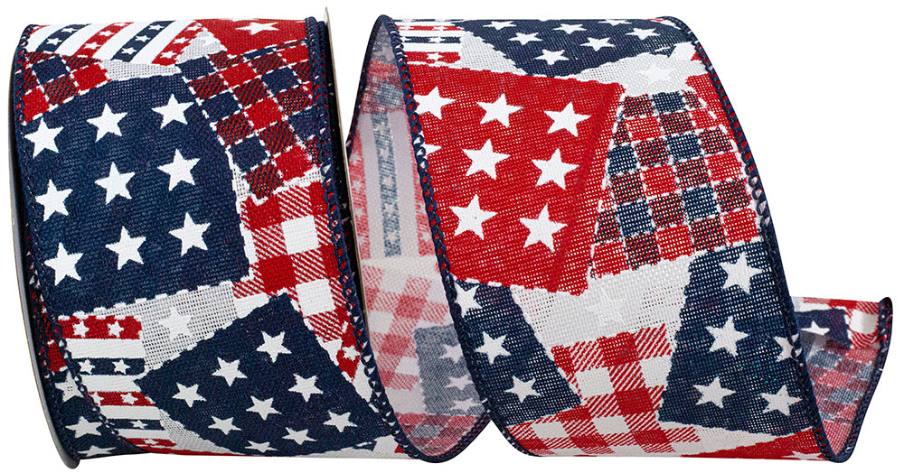 Navy 2-1 2 Inch Patchwork Patriotic Wired Edge Ribbon for Wreaths & Bows