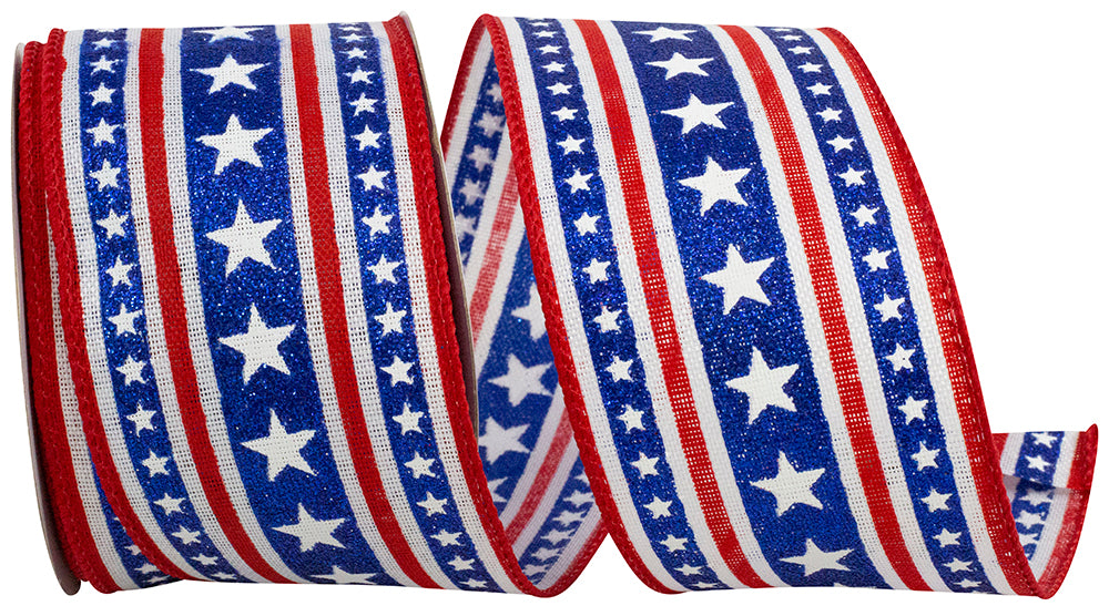 Linen Wired Edge Ribbon Red White Blue 2-1/2 Inch
