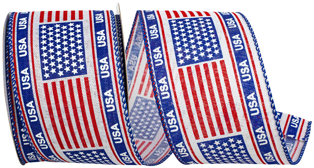 Red White Blue 2-1 2 Inch Flag Usa Linen Wired Edge Ribbon for Wreaths & Bows