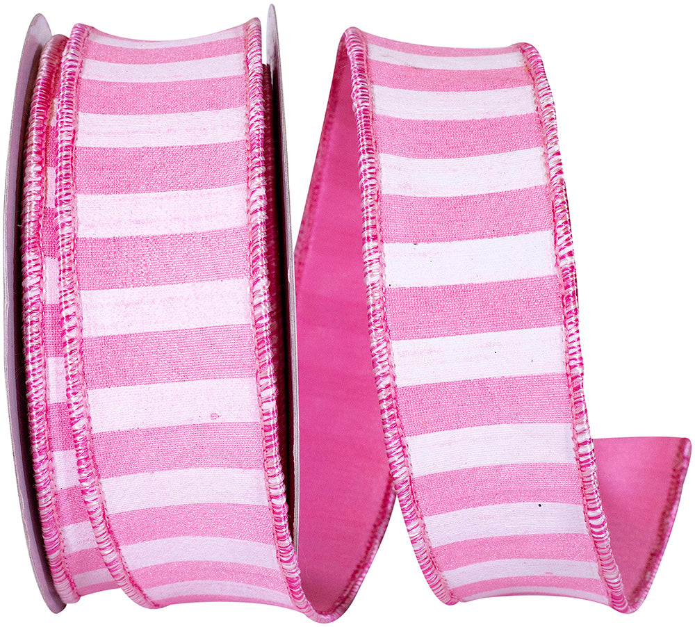 Pink 1-1 2 Inch Cabana Stripe Horizontal Dupioni Lux Wired Edge Ribbon for Wreaths & Bows