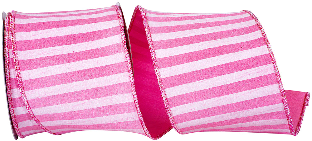 Pink 4 Inch Cabana Stripe Horizontal Dupioni Lux Wired Edge Ribbon for Wreaths & Bows