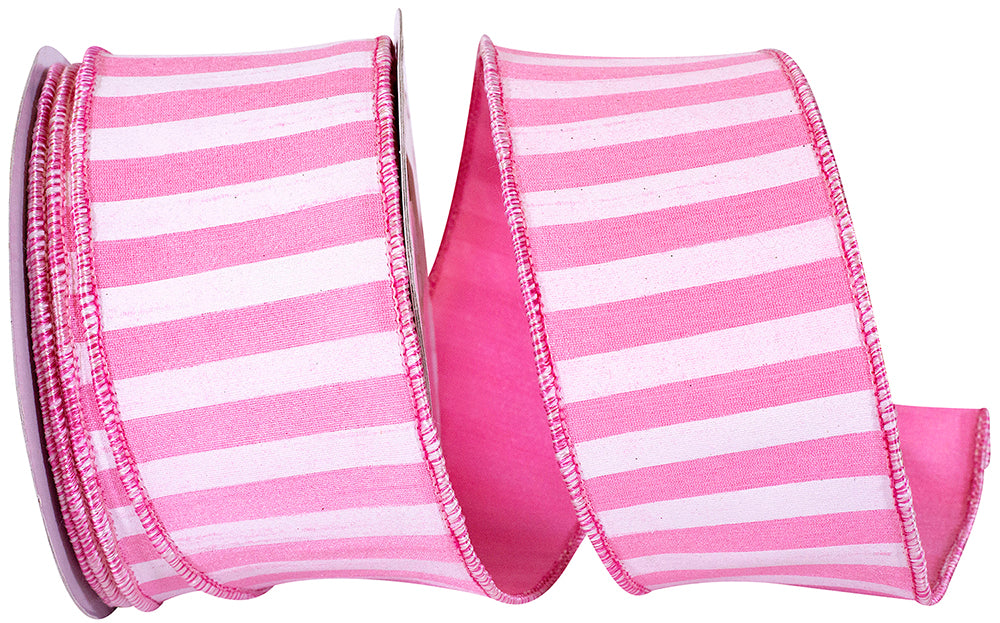 Pink 2-1 2 Inch Cabana Stripe Horizontal Dupioni Lux Wired Edge Ribbon for Wreaths & Bows
