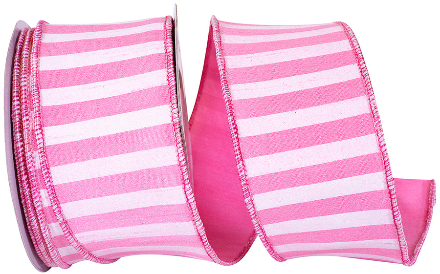 Pink 2-1 2 Inch Cabana Stripe Horizontal Dupioni Lux Wired Edge Ribbon for Wreaths & Bows