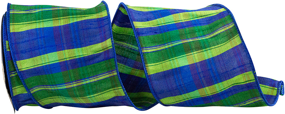 Rainforest Dupioni Plaid Ribbon Blue Green 4 Inch 10 Yards