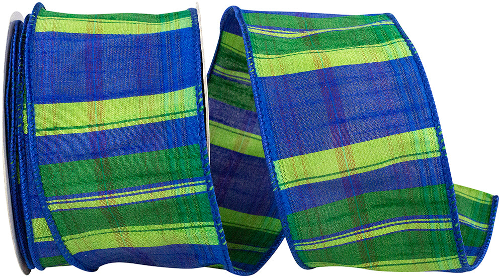 Rainforest Plaid Wired Edge Ribbon Blue Green 2-1/2 Inch