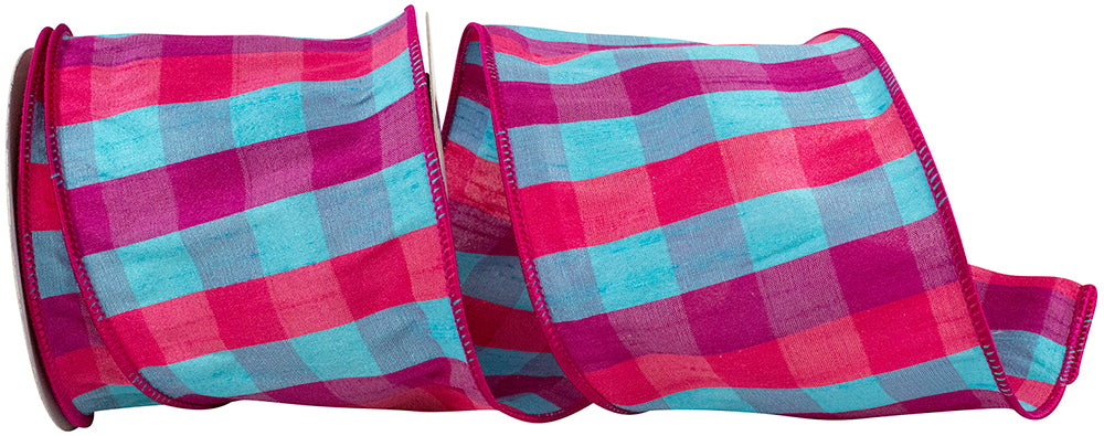 Fuchsia 4 Inch Sherbert Delight Dupioni Check Wired Edge Ribbon for Wreaths & Bows