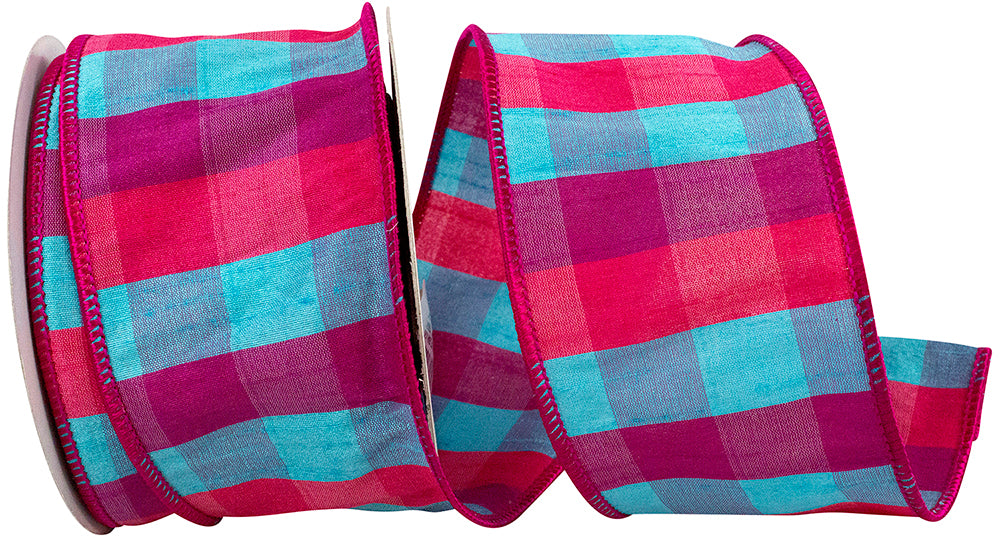 Fuchsia 2-1 2 Inch Sherbert Delight Dupioni Check Wired Edge Ribbon for Wreaths & Bows