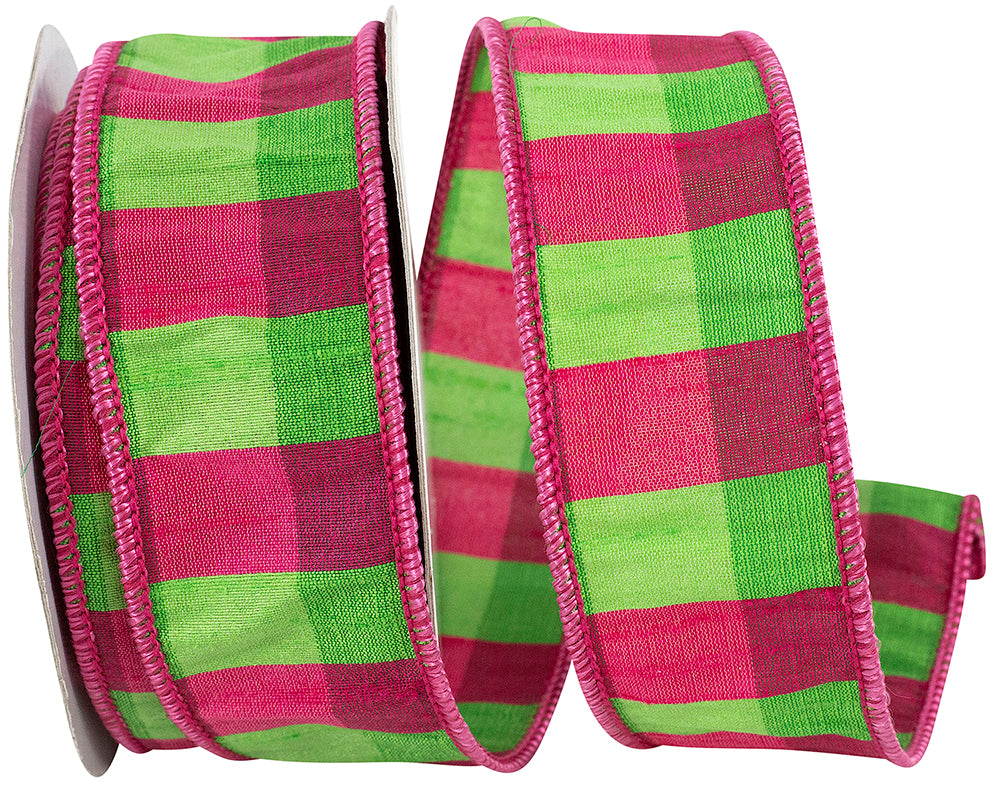 Fuchsia Lime 1-1 2 Inch Dupioni Check Elizabeth Wired Edge Ribbon for Wreaths & Bows