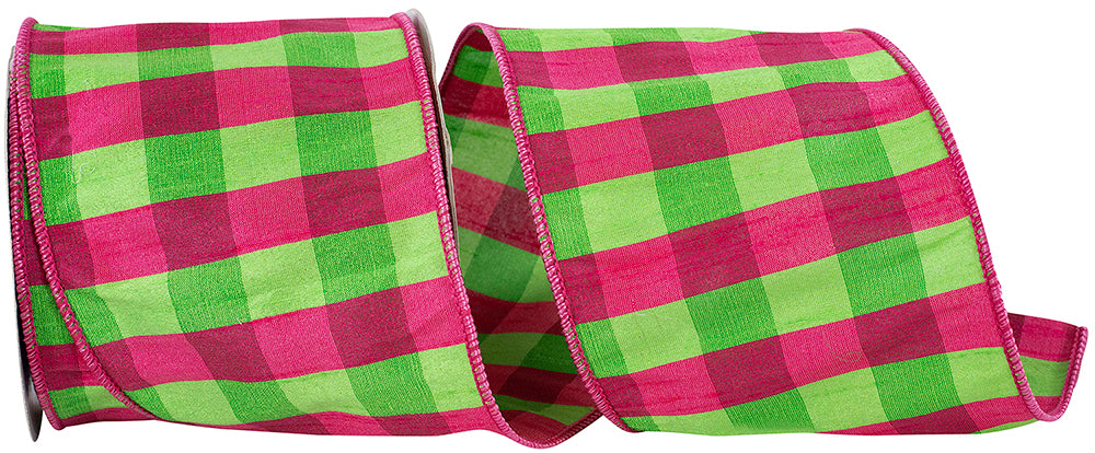 Fuchsia Lime 4 Inch Dupioni Check Elizabeth Wired Edge Ribbon for Wreaths & Bows