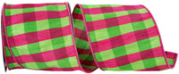 Fuchsia Lime 4 Inch Dupioni Check Elizabeth Wired Edge Ribbon for Wreaths & Bows
