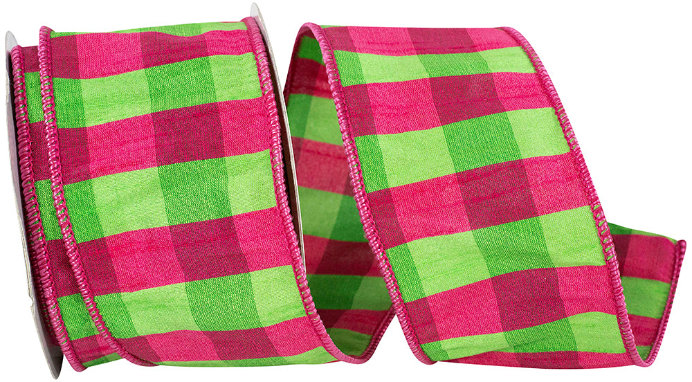 Fuchsia Lime 2-1 2 Inch Dupioni Check Elizabeth Wired Edge Ribbon for Wreaths & Bows