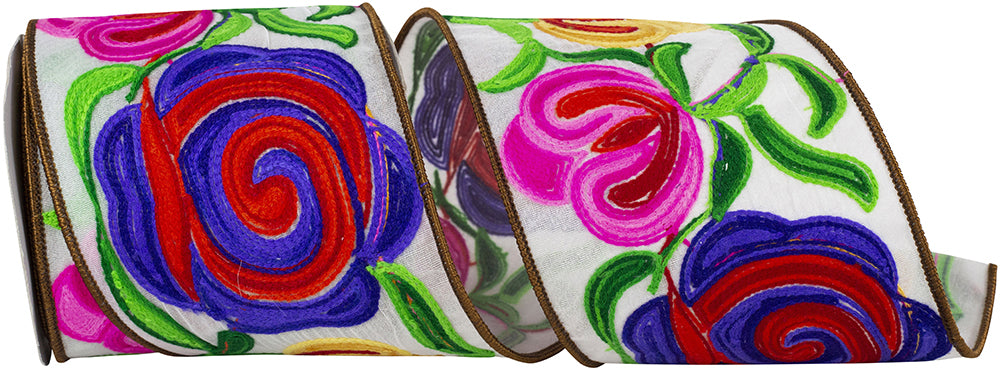 Multi 4 Inch Flower Embroidery Stitches Wired Edge Ribbon for Wreaths & Bows