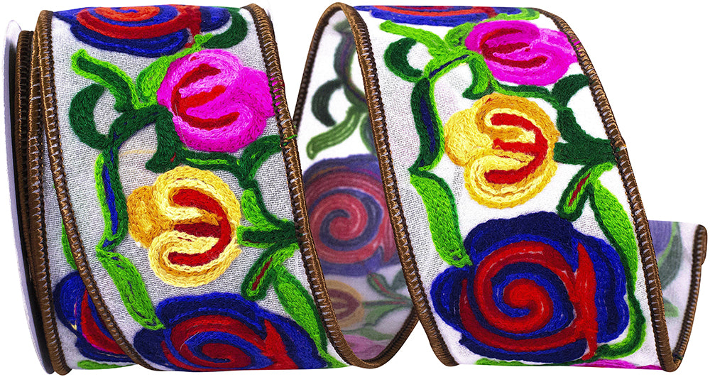 Multi 2-1 2 Inch Flower Embroidery Stitches Wired Edge Ribbon for Wreaths & Bows