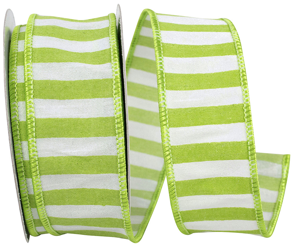 Lime 1-1 2 Inch Dupioni Cabana Stripe Wired Edge Ribbon for Wreaths & Bows