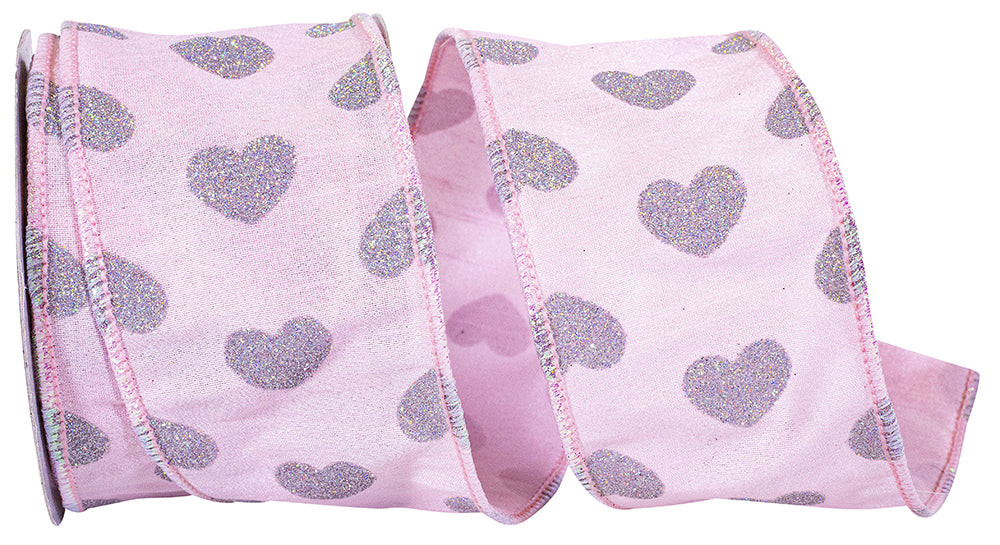 Heart Glitter Dupioni Ribbon Pink Silver 2-1/2 Inch