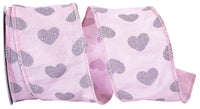 Heart Glitter Dupioni Ribbon Pink Silver 2-1/2 Inch