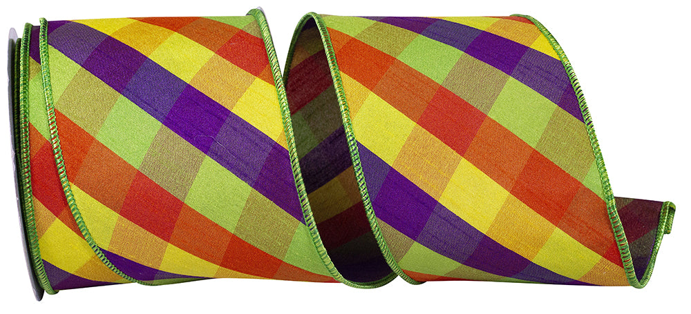 Multi 4 Inch Tropical Dupioni Check Diagonal Wired Edge Ribbon for Wreaths & Bows
