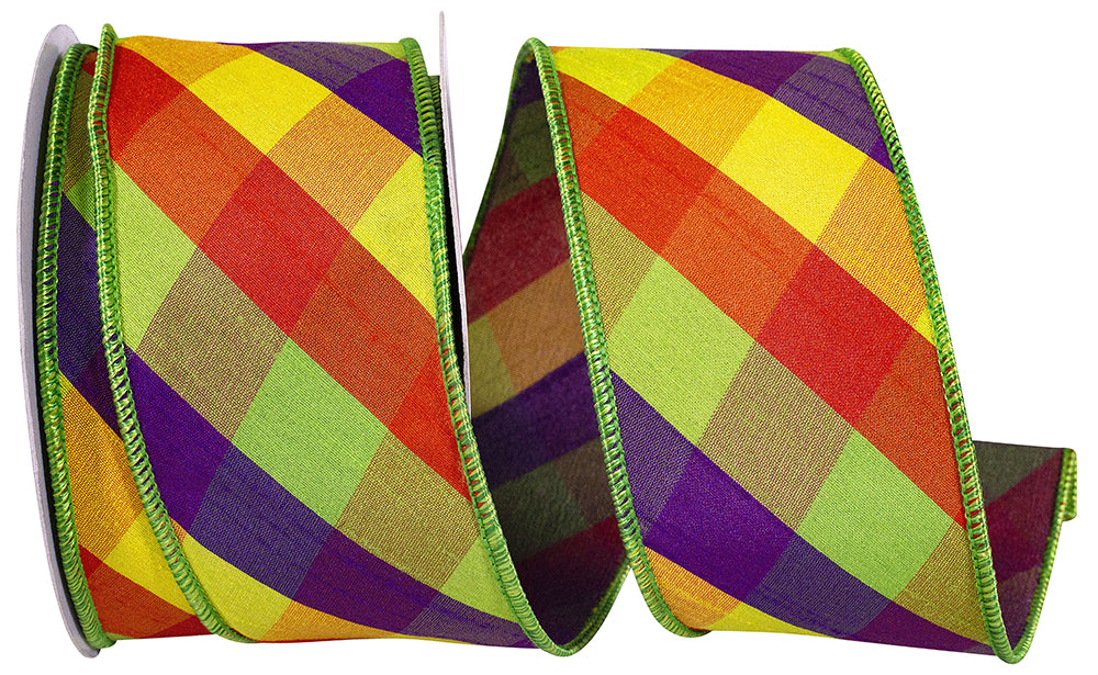 Multi 2-1 2 Inch Tropical Dupioni Check Diagonal Wired Edge Ribbon for Wreaths & Bows