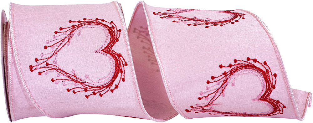 Pink 4 Inch Heart Embroidery Deluxe Dupioni Wired Edge Ribbon for Wreaths & Bows